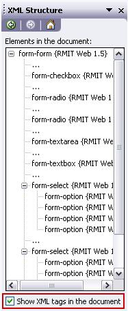 Use the Task Pane to see form structure and individual form controls: Microsoft Word toolbar > View > Task Pane.