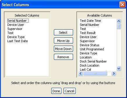 Operator Manual Devices 2. To add a column to the report, click a column from the Available Columns panel and then click Select.
