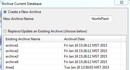 Operator Manual Database Select/Archive Click Select-Archive on the Database toolbar when you want to: 1. Archive the current database; 2. Switch to a different database; or 3. Create a new database.