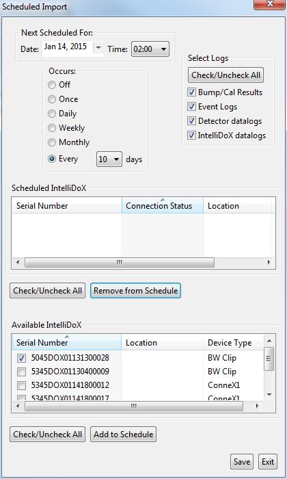 Operator Manual Devices 4. Click View/Edit Schedule. The Scheduled Import dialog is displayed. 5. Under Next Scheduled For, configure the report schedule. 1.