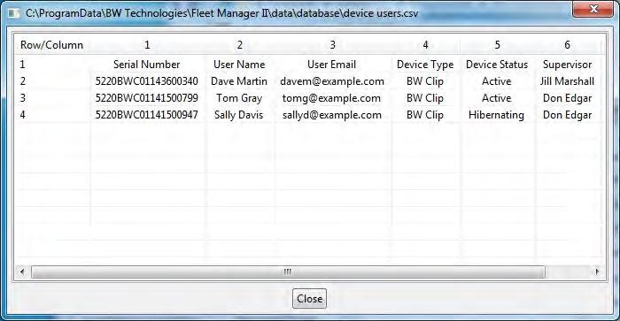 Administration Device Users 8. Click View CSV File. The CSV file is displayed with row and column numbers. 9.