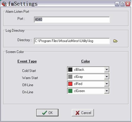 iomirroradmin and ioeventlog Configuration In the System menu, select Settings to configure ioeventlog. The Alarm Listen Port is the TCP port number that will be monitored for status events.