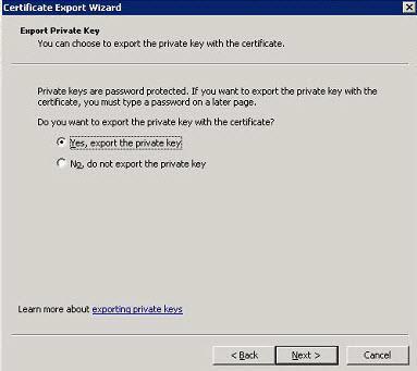 4. Select Yes, export the private Key and click Next 5.