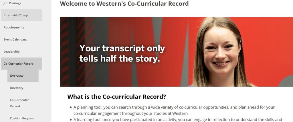 Step 4: Scroll down and click the Co-Curricular Record heading on the left hand side. This will bring you to the Co-Curricular overview.