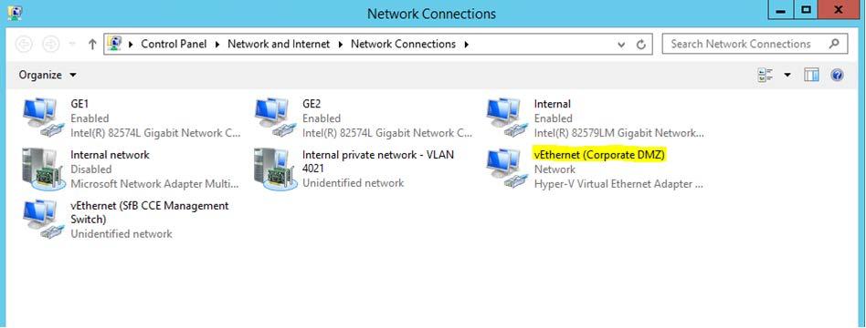 The vethernet (Corporate DMZ) is a virtual NIC interface that uses GE1 as its physical interface. Use the vethernet (Corporate DMZ) interface to set your Host IP settings.