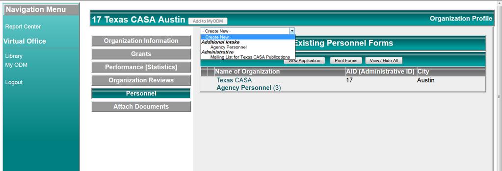 Create a Mailing List for Texas CASA Publications Form 32. Login and go to Document View. 33. Select the Personnel category. 34.
