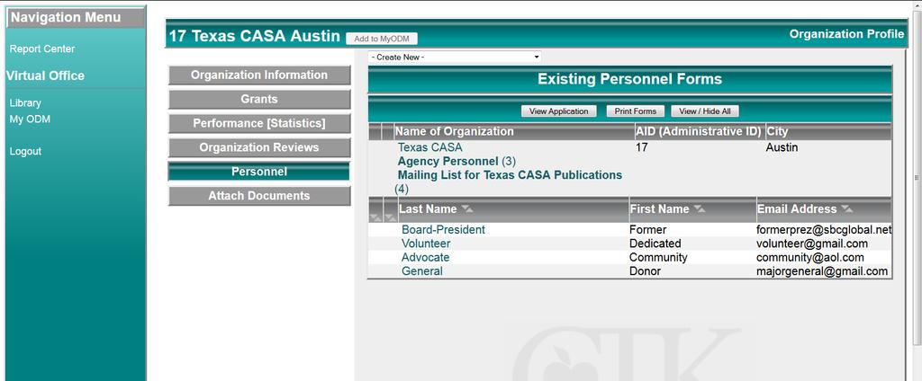 Update a Mailing List for Texas CASA Publications Form 67. Login and go to Document View. 68. Select the Personnel category. 69.