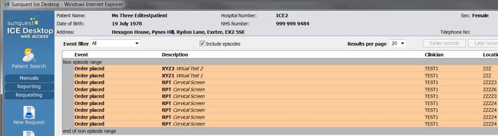 Ignore the Patient name, Hospital number and Date of Birth options as these are deactivated and will not display any results even when matching