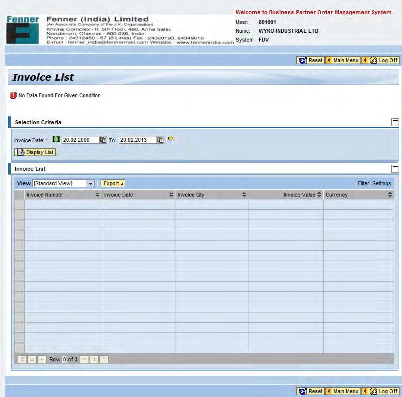 Invoice List Click on the Invoice List Report. By clicking the Invoice List you will be directed to the below web page.