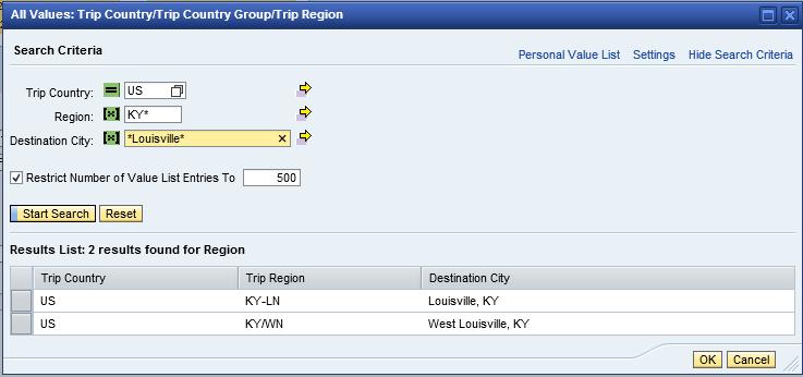 New Day Trip General Data If the destination city appears, select the city and click OK. If the destination city is not found, the Results List will show No Results found for Region.