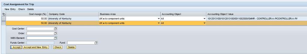 New Day Trip Cost Assignment A new blank line will open and default to the remaining percentage to be allocated if Accept and New Entry is selected. Verify/update percentage.
