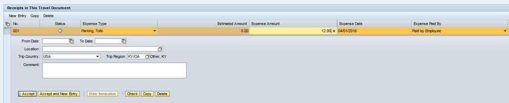 Selection options for Expense Paid By Click the selection arrow to open