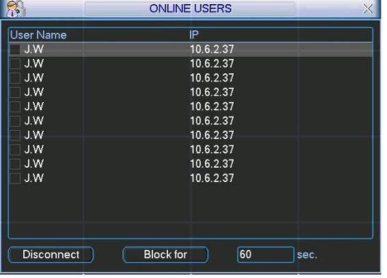 Figure 5-64 5.6.5 Online Users Here is for you manage online users. See Figure 5-65. You can disconnect one user or block one user if you have proper system right.