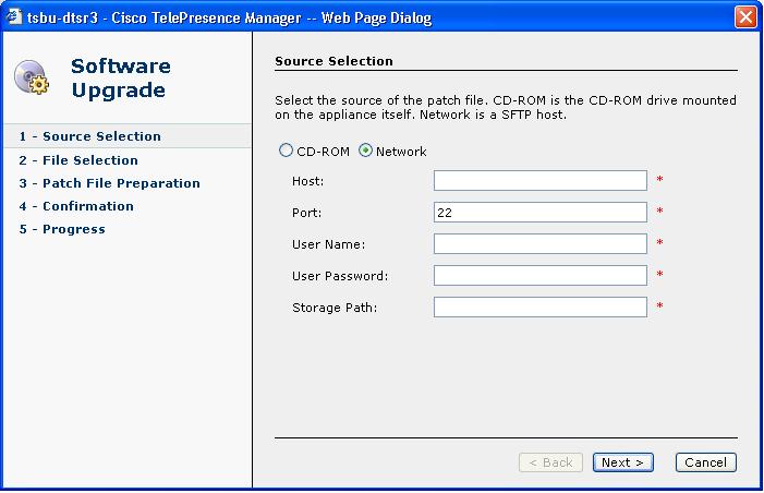 Software Upgrade Chapter 3 Software Upgrade This task upgrades the Cisco TelePresence Manager software by loading a file from either a CD-ROM or an SFTP host network.