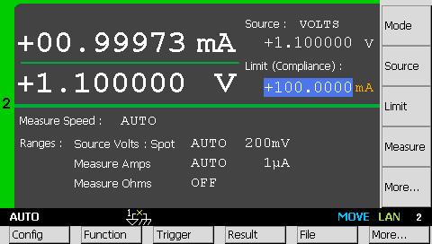 08 Keysight Using Source/Measure Unit as an Ammeter Demo Guide 4) Press for the channel 2 to switch on its output terminal and enable the DUT. 4. Confirm measured current 4-1.