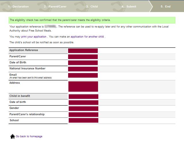 ECS Return Found Figure 6 shows the screen which will appear if the ECS has returned a Found result: Figure 6 This confirms that the applicant is eligible to claim for free school meals for their