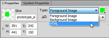 Adobe Fireworks Guide 11. With the slice object selected, select HTML from the Type pop-up menu in the Properties panel (Figure 14).