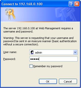 2. When the following dialog box appears, please enter the default username and password admin (or the password you have changed