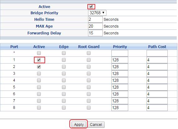 2. Select and check which port should be activate with RSTP and click Apply to save the configuration.