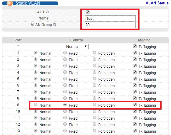 2. Active the VLAN 20 and type the Name and VLAN Group ID then select the Fixed