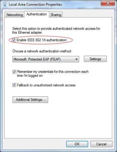 7. Choose the network authentication method Microsoft: Protected EAP (PEAP). 8.