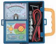307A provides selectable voltage testing with 250V/50MΩ, 500V/100MΩ, or 1000V/200MΩ ranges. Analog display. Battery operated. Low resistance test.