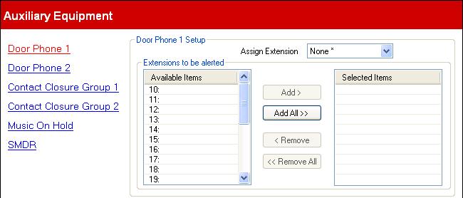 Configuration Settings: Auxiliary Equipment 3.6.1 Door Phone This menu is accessed from the System 43 page by selecting Setup Auxiliary Equipments.