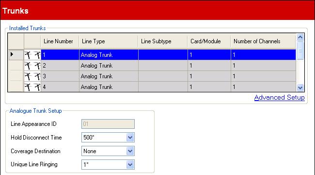 3.5.1 Analog Trunks This menu is accessed from the System 43 page by selecting Update Trunk Configurations. This menu is accessed from the Admin Tasks 44 list by selecting Trunks.