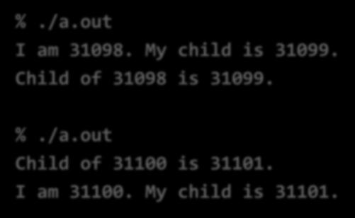 Example Output %./a.out I am 31098. My child is 31099.