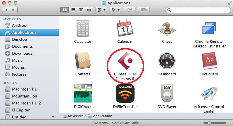 Open the Applications folder in the Finder, and double-click the Cubase LE AI Elements