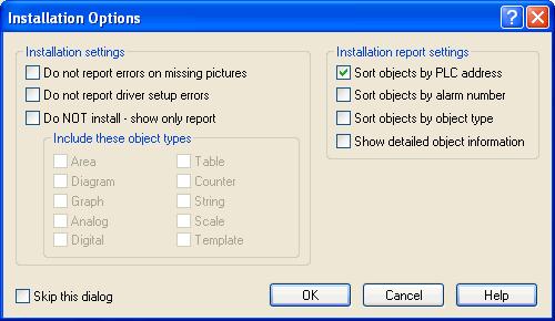 When you install an IGSS configuration, you get the option of viewing an installation report. You determine what you want to view in the report in the Installation Options dialogue shown below.