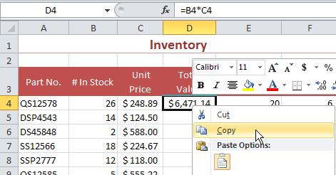 Copying a Formula In Excel, you often repeat the same formula, changing only the cells you are referencing. You can easily copy the formula instead of having to re-enter it multiple times.