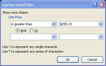 Excel displays the Custom Auto Filter dialog box. 3.