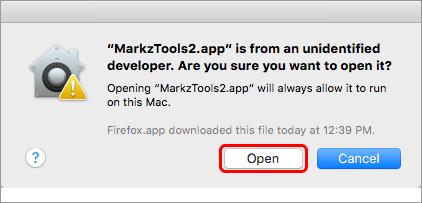 MarkzTools2 is from an unidentified developer - After Right-Clicking (or Control-Clicking) and selecting Open, you will be asked one more time if you really want to open MarkzTools2.