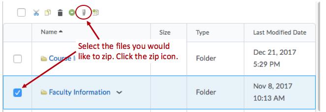 5 Zipping and Unzipping Files 1. On the Manage Files page, select the check boxes beside the files or folders you want to compress. 2. Click the Zip icon on the action bar.