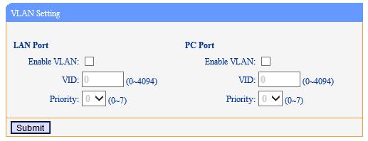 can be set for delay. 3.7.1.3 Time Setting IP Intercom s time access can be SNTP, manual setting and update at the SIP server below, PSTN is reserved options. 3.7.2 VLAN Setting When IP Intercom s application environment involves the VLAN, the below operating settings will guide you.