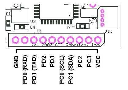 3.4 Expansion PORT C/D AVR PORTS C/D is routed to connector J3. Port C has an I2C port and general purpose digital IO.