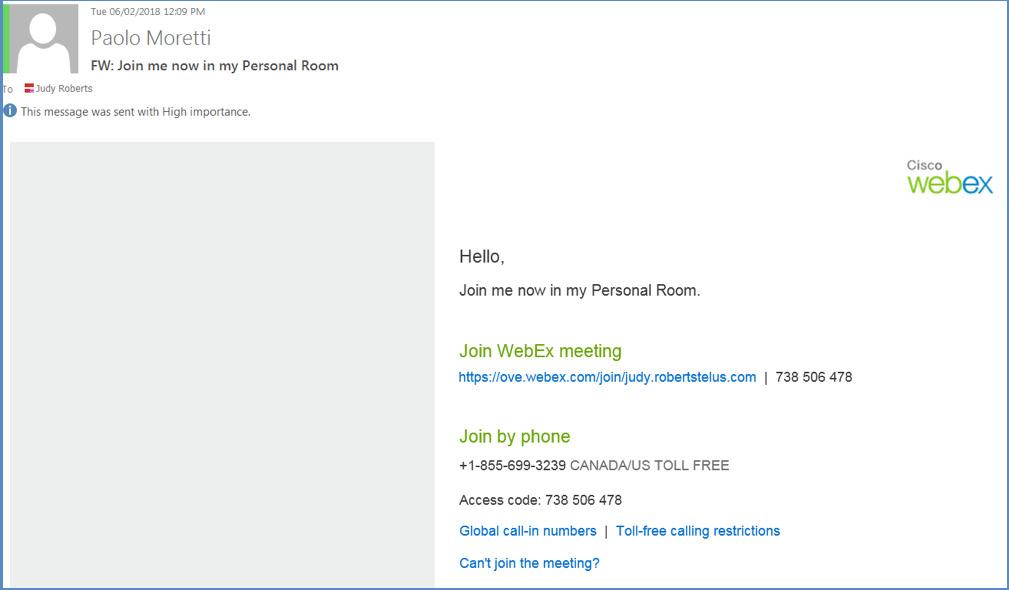 Invitee(s) will receive an invitation to your personal meeting room such as the example in Figure 26.