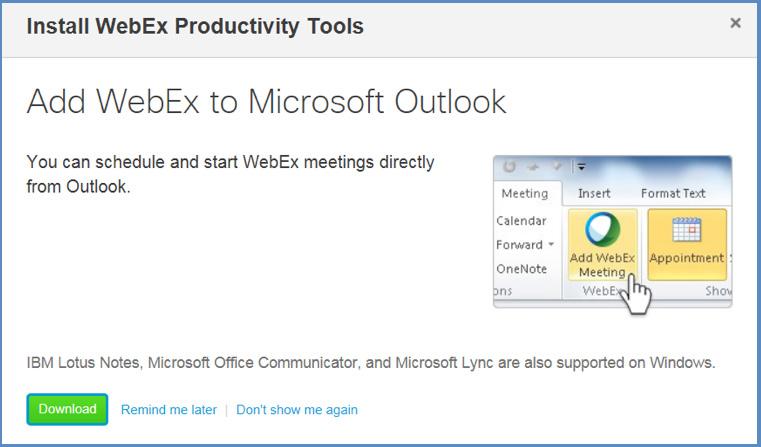Productivity Tool The Productivity Tool is an application that can be added to your Outlook to facilitate adding WebEx to any meeting that you book in Outlook.