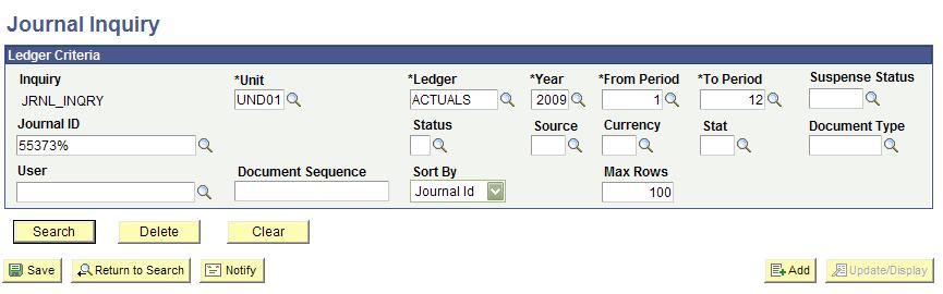 Step 4: Results Now that we ve entered our parameters: Notice the wild card, %, was used in the Journal ID search field.