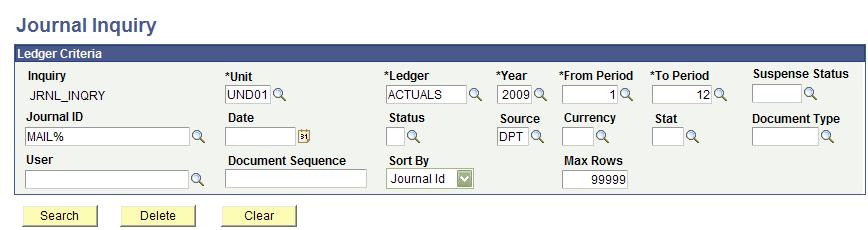 Results Journal Lines The Journal Line column headers were Customized to only show the above columns.