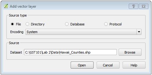 Open an OGR Supported Vector Layer 8. Now back at the Add vector layer window and click Open to add the data to QGIS Desktop (see figure below). Add vector layer Hawaii Counties 9.
