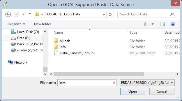 [GDAL] ERDAS JPEG 2000 6. Select the Oahu_Landsat_15m.jp2 raster dataset and click Open. 7.