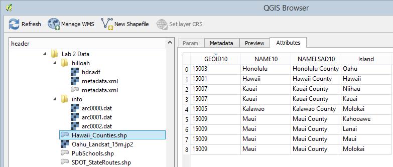Attributes in QGIS Browser 7. Select the Oahu_Landsat_15m.jp2 dataset. Click on the Preview tab.