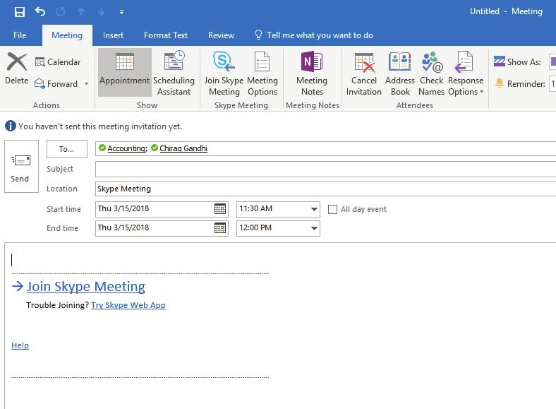Scheduling Meetings Skype for Business offers the ability to schedule meetings directly from the app and through Outlook. Scheduling through Skype: 1.