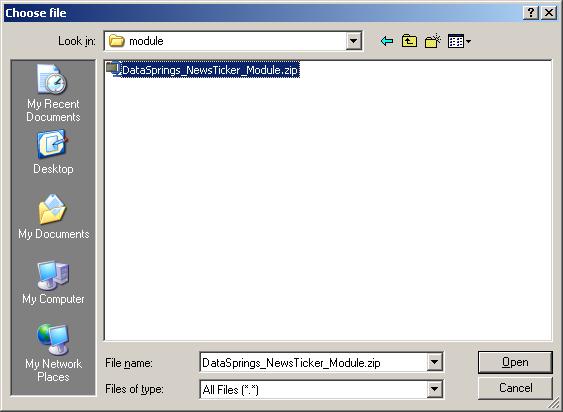Figure 3: Installation procedure (step 3/7) Click on the Browse button and the dialog window for locating the installation file DataSprings_NewsTicker_Module.