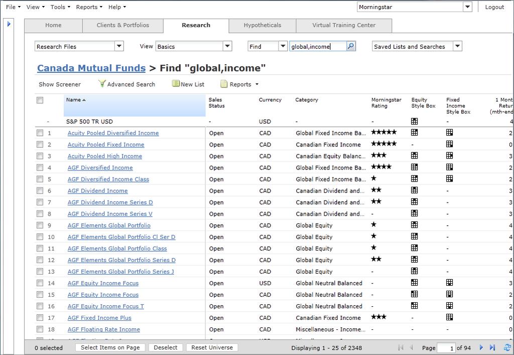 3 Conducting Investment Research To view the Research Module, either click on the Research tab at the top of the screen, or use the lefthand Navigation Pane to select a universe.