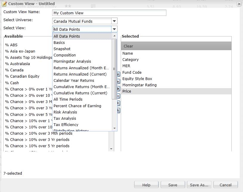 7 Customize Your Research You can also select data points from any view to construct your own custom view. To create a custom view from scratch: 1 From the File menu, select New Custom View.