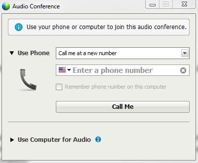 You will see a screen like this: Audio Information In order to listen to the session and also to speak, the Audio Conference window will ask you to choose from three