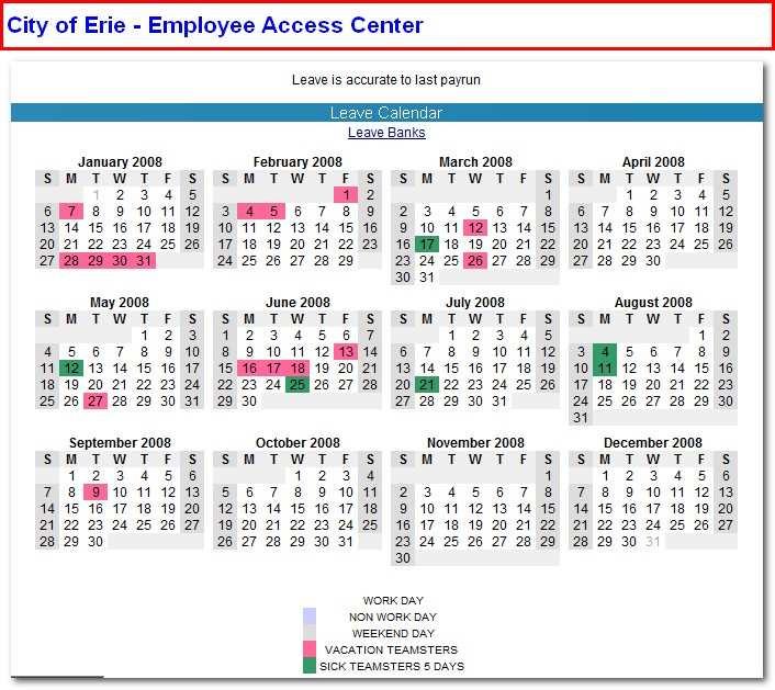 Leave Calendar Screen Leave Calendar Information Attendance information for the current fiscal year is displayed on the Leave Calendar screen (shown above).